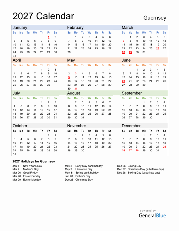 Calendar 2027 with Guernsey Holidays