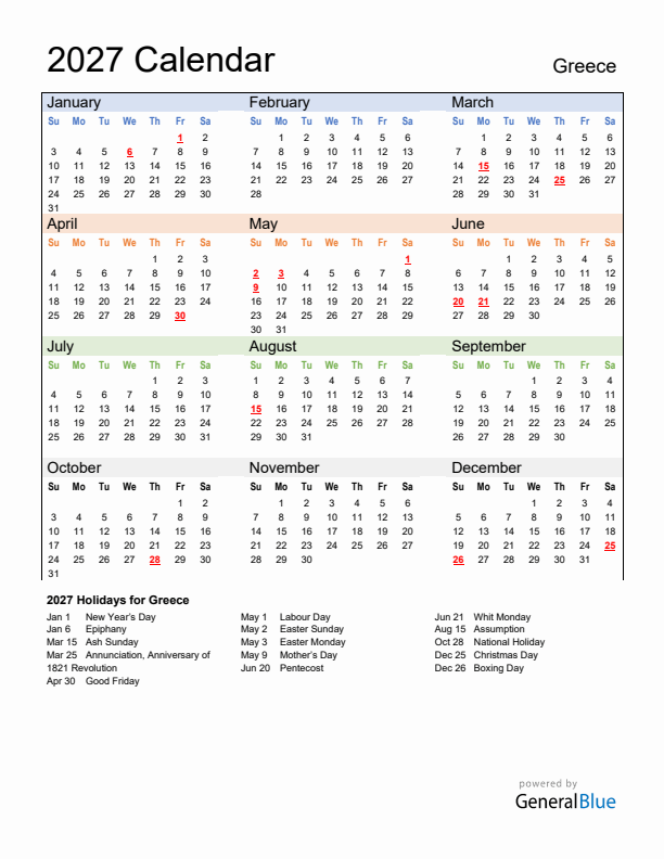 Calendar 2027 with Greece Holidays