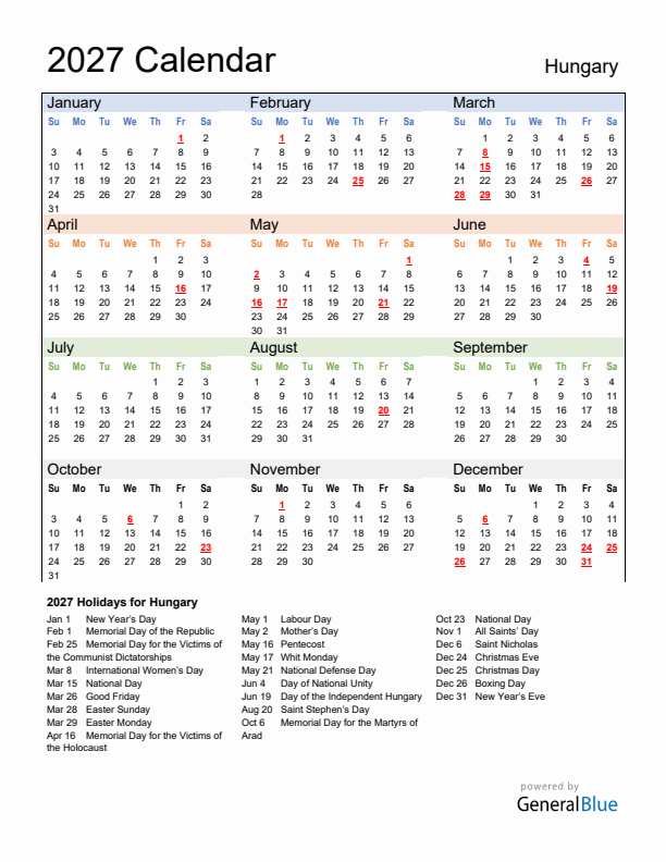 Calendar 2027 with Hungary Holidays