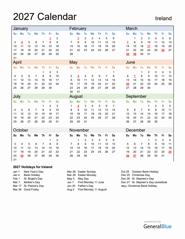 Calendar 2027 with Ireland Holidays