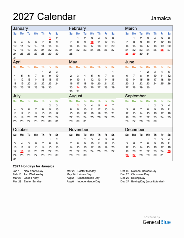 Calendar 2027 with Jamaica Holidays