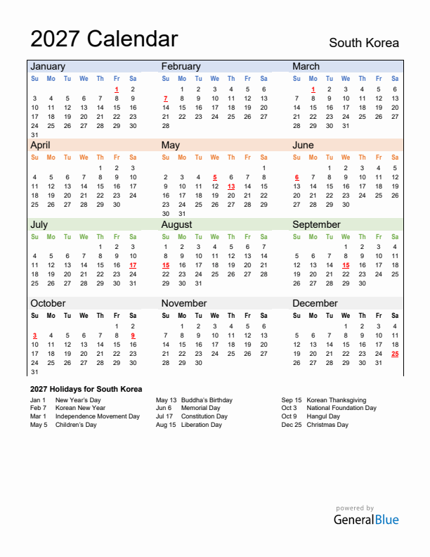 Calendar 2027 with South Korea Holidays