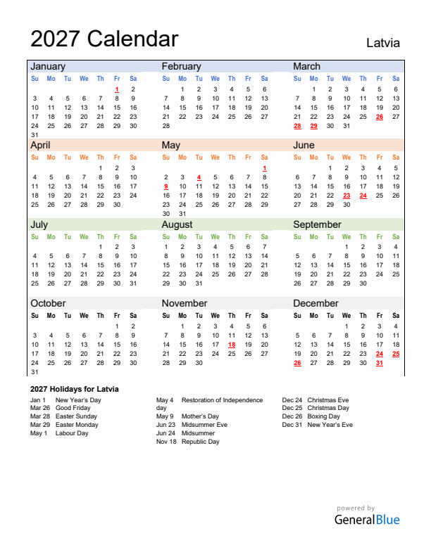 Calendar 2027 with Latvia Holidays