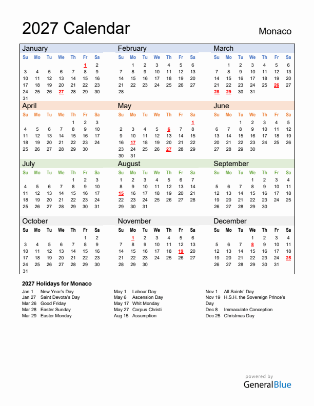 Calendar 2027 with Monaco Holidays