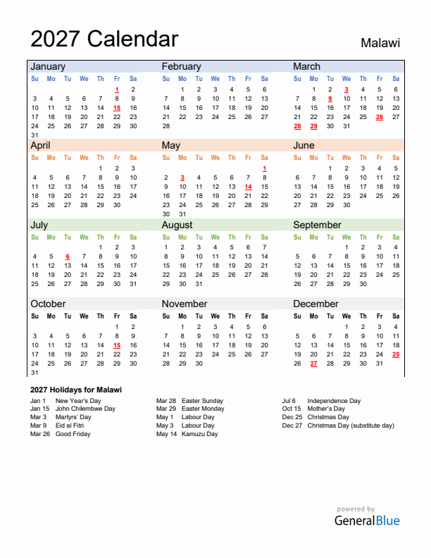 Calendar 2027 with Malawi Holidays