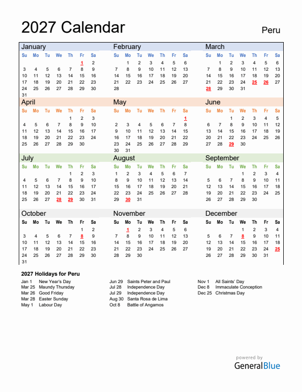 Calendar 2027 with Peru Holidays