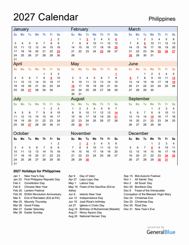 Calendar 2027 with Philippines Holidays