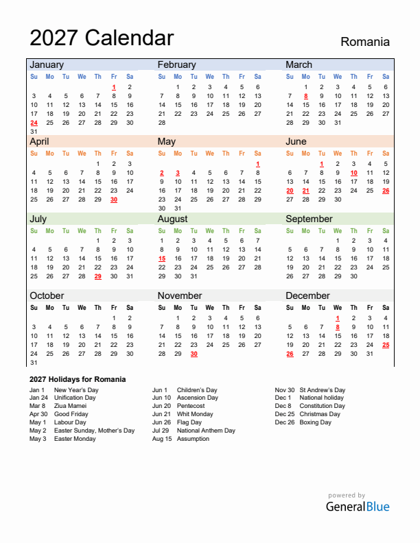 Calendar 2027 with Romania Holidays