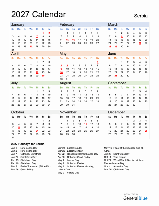 Calendar 2027 with Serbia Holidays