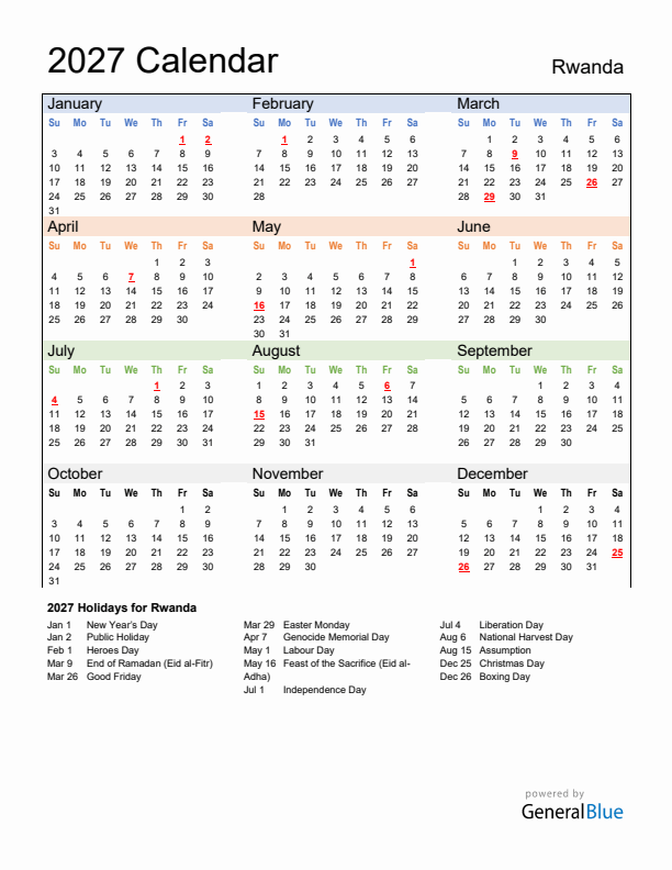 Calendar 2027 with Rwanda Holidays