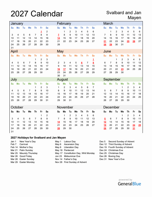 Calendar 2027 with Svalbard and Jan Mayen Holidays