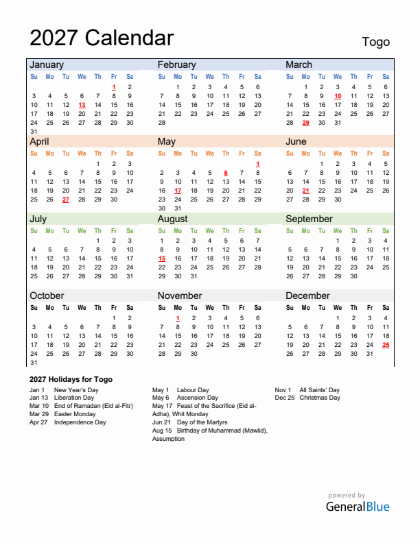 Calendar 2027 with Togo Holidays