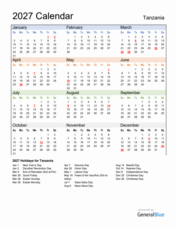 Calendar 2027 with Tanzania Holidays