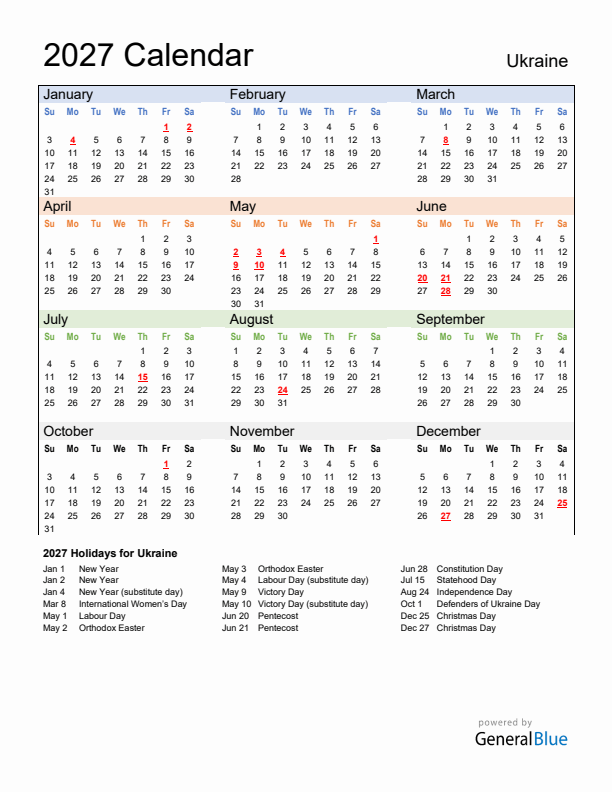 Calendar 2027 with Ukraine Holidays