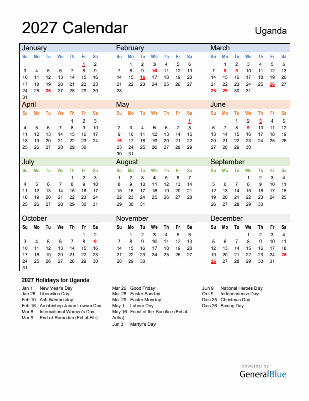 Calendar 2027 with Uganda Holidays