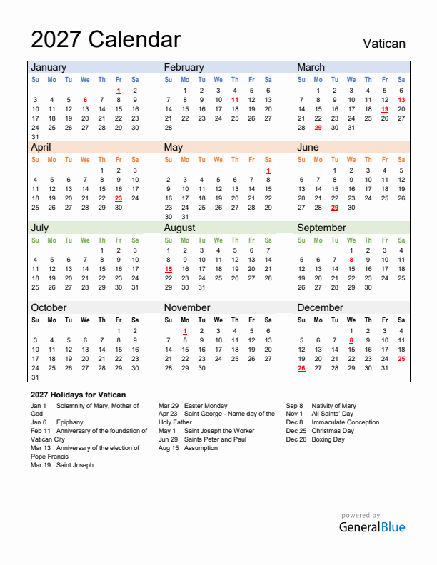 Calendar 2027 with Vatican Holidays