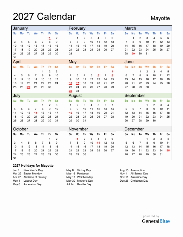 Calendar 2027 with Mayotte Holidays