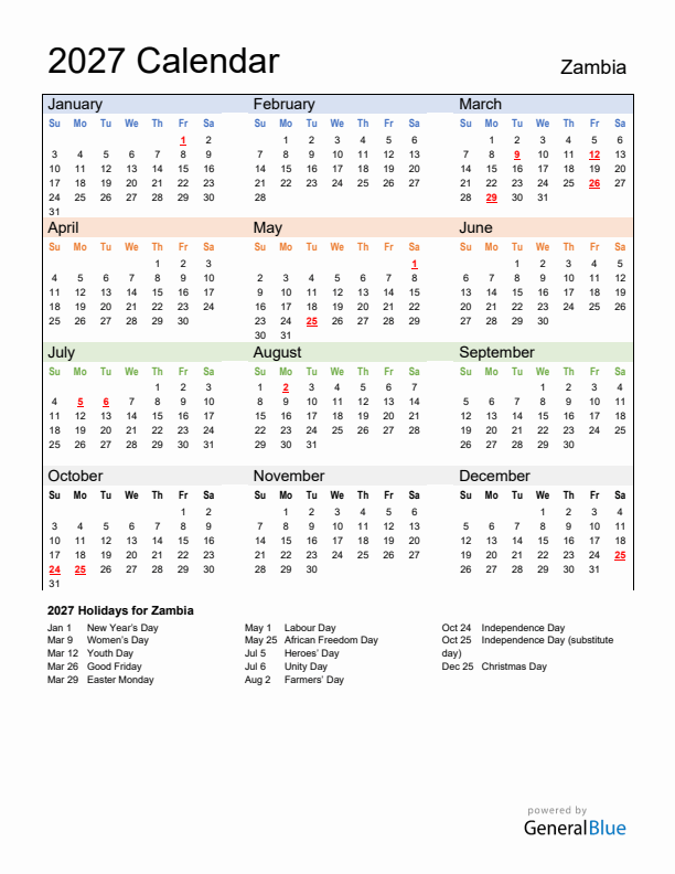 Calendar 2027 with Zambia Holidays