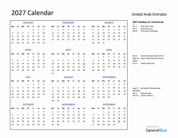 2027 Calendar with Holidays for United Arab Emirates