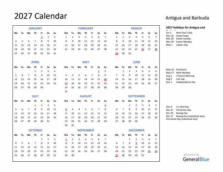 2027 Calendar with Holidays for Antigua and Barbuda