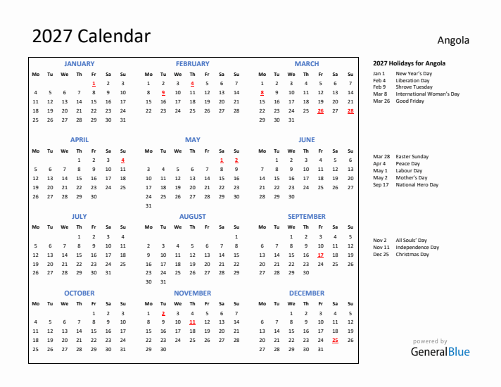 2027 Calendar with Holidays for Angola