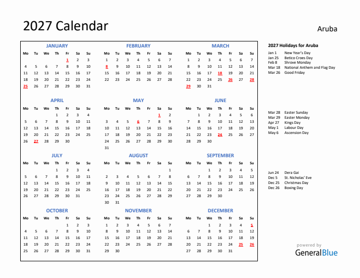 2027 Calendar with Holidays for Aruba