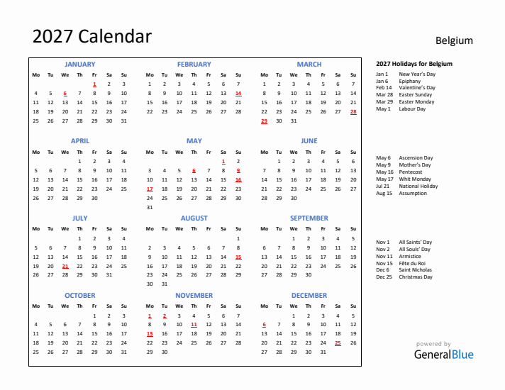 2027 Calendar with Holidays for Belgium