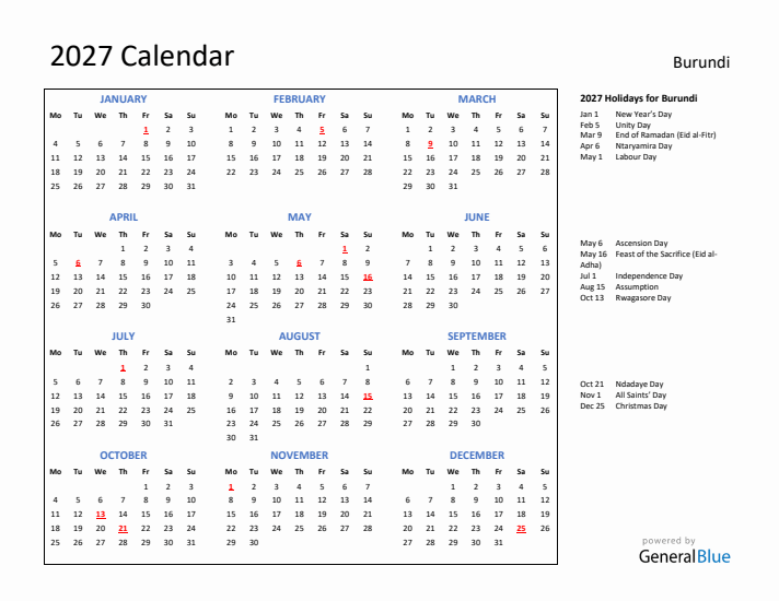 2027 Calendar with Holidays for Burundi