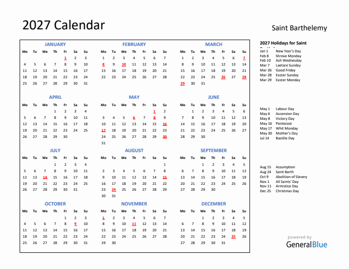 2027 Calendar with Holidays for Saint Barthelemy