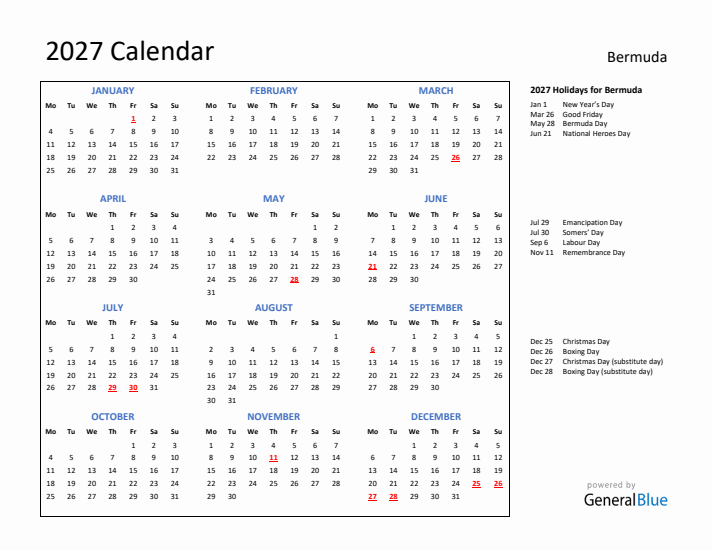 2027 Calendar with Holidays for Bermuda