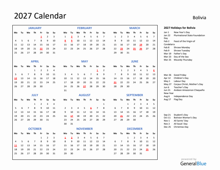 2027 Calendar with Holidays for Bolivia