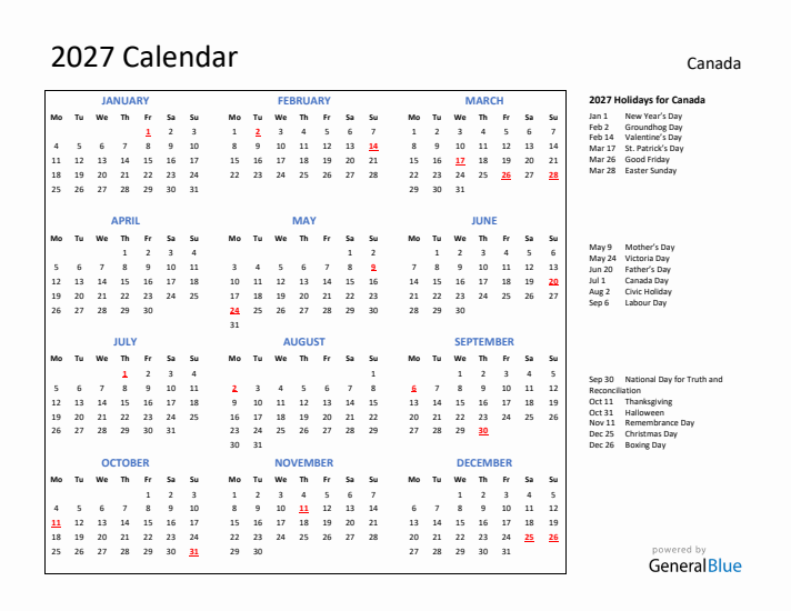 2027 Calendar with Holidays for Canada