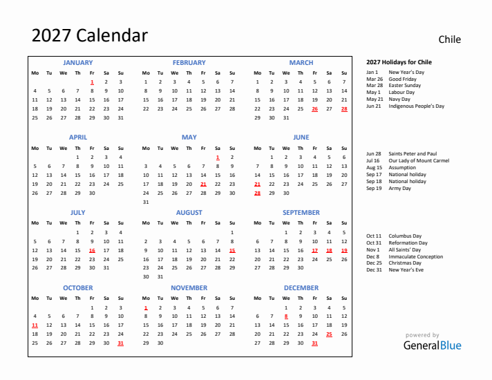 2027 Calendar with Holidays for Chile