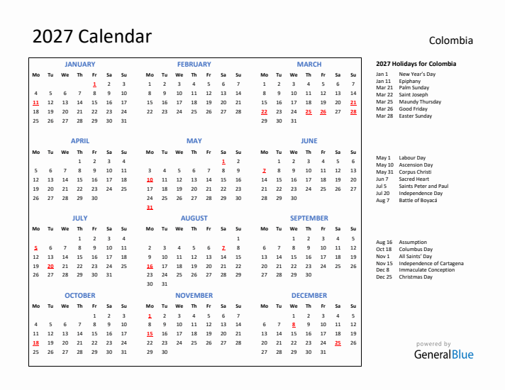 2027 Calendar with Holidays for Colombia