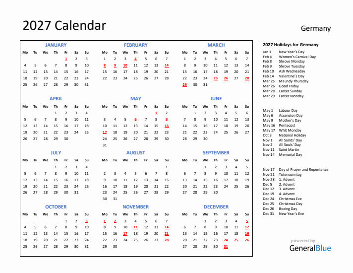 2027 Calendar with Holidays for Germany