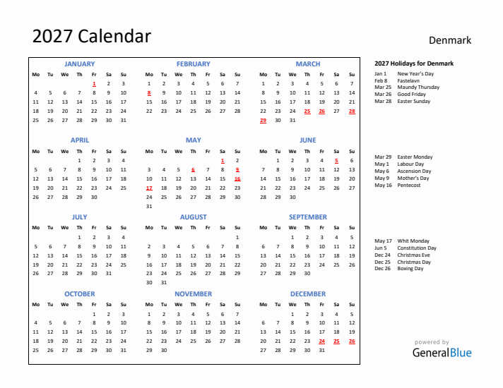 2027 Calendar with Holidays for Denmark