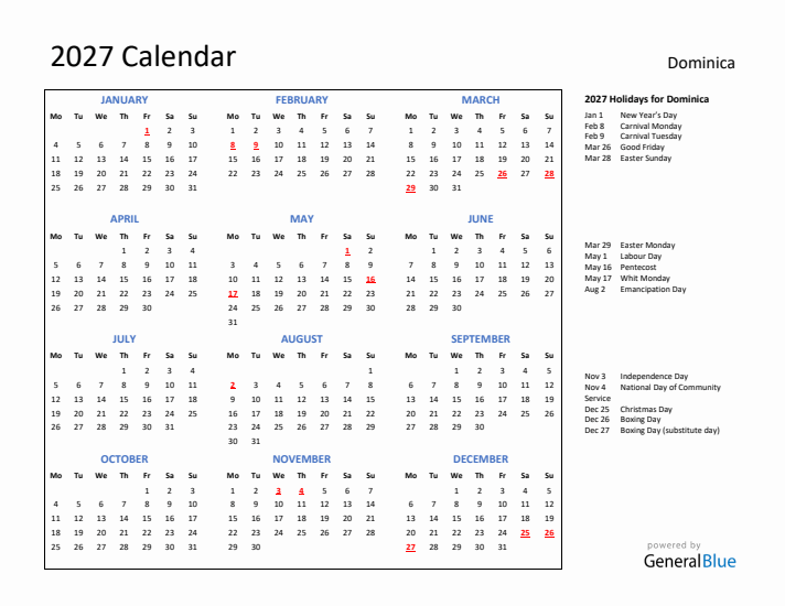 2027 Calendar with Holidays for Dominica