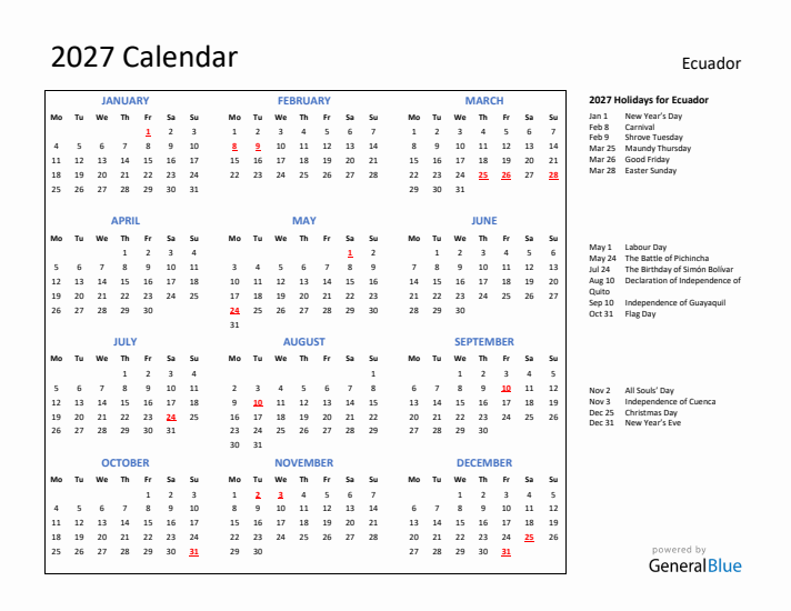 2027 Calendar with Holidays for Ecuador