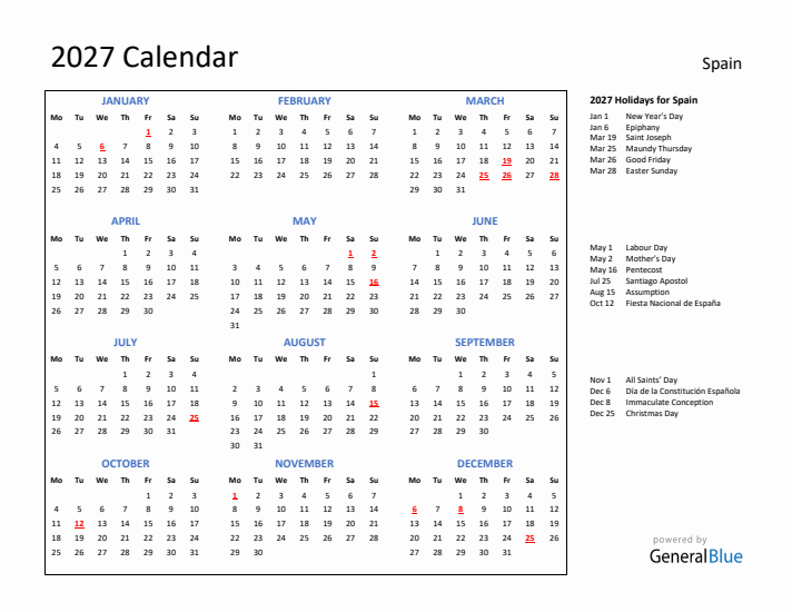 2027 Calendar with Holidays for Spain