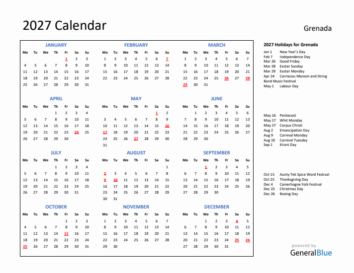 2027 Calendar with Holidays for Grenada