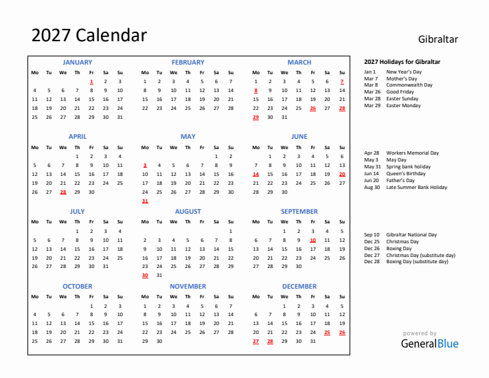 2027 Calendar with Holidays for Gibraltar