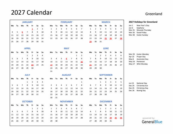 2027 Calendar with Holidays for Greenland