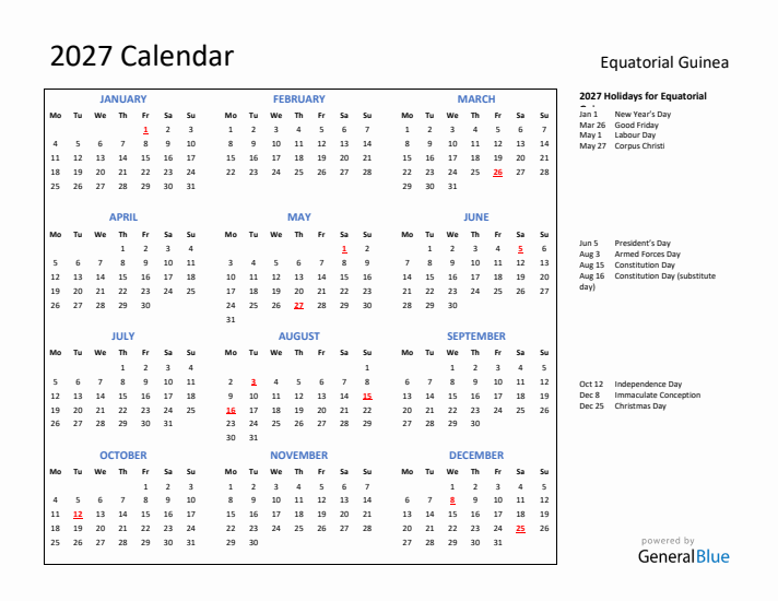 2027 Calendar with Holidays for Equatorial Guinea