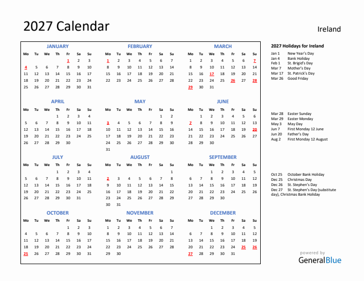 2027 Calendar with Holidays for Ireland