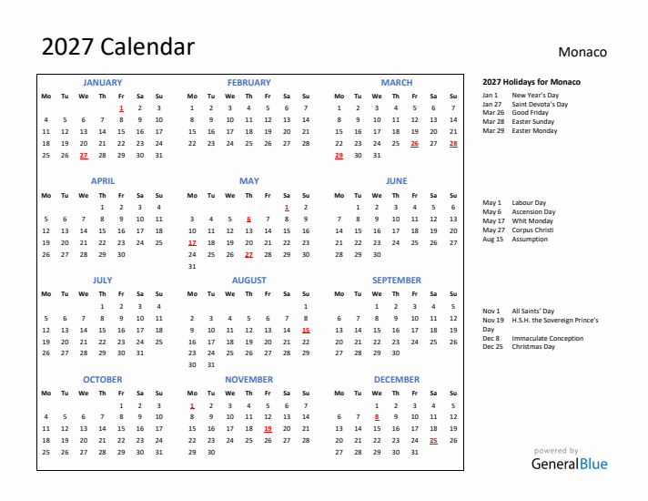 2027 Calendar with Holidays for Monaco