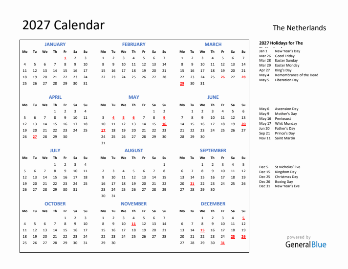 2027 Calendar with Holidays for The Netherlands