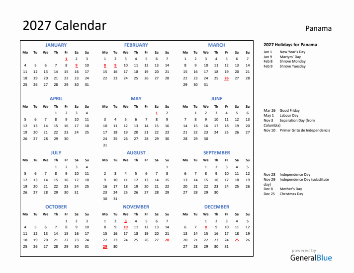 2027 Calendar with Holidays for Panama