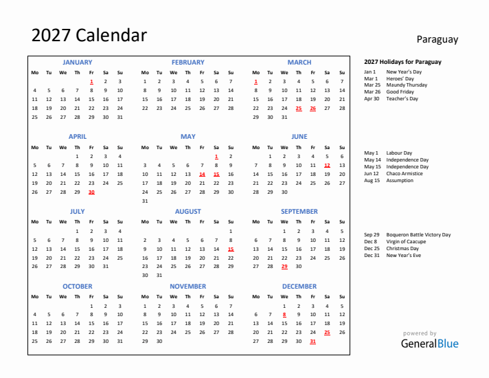 2027 Calendar with Holidays for Paraguay