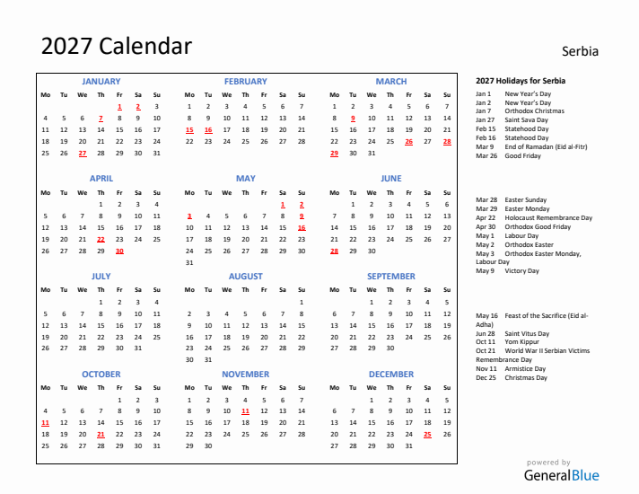 2027 Calendar with Holidays for Serbia