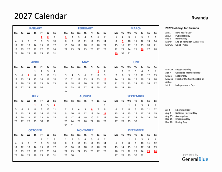 2027 Calendar with Holidays for Rwanda